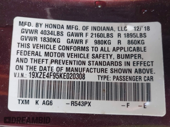 2019 Honda Insight Touring with VIN 19XZE4F95KE020308, listed as a IAAI auction lot 41814069 with 62,680 mi miles and . Bid and sale history available at carsss.com. Image 9.
