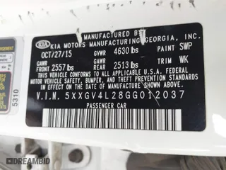 2016 Kia Optima SXL Turbo with VIN 5XXGV4L28GG012037, listed as a IAAI auction lot 41535468 with 160,366 mi miles. Bid and sale history available at carsss.com. Image 9.