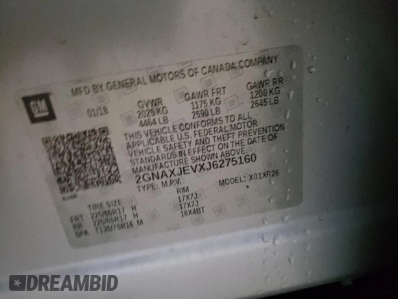 2018 Chevrolet Equinox LT with VIN 2GNAXJEVXJ6275160, listed as a Copart auction lot 44255505 with 114,012 mi miles and Salvage Title. Bid and sale history available at DreamBid. Image 16.