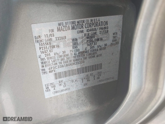 2004 Mazda Tribute ES with VIN 4F2CZ06184KM32333, listed as a IAAI auction lot 42041183 with 33,646 mi miles. Bid and sale history available at carsss.com. Image 9.