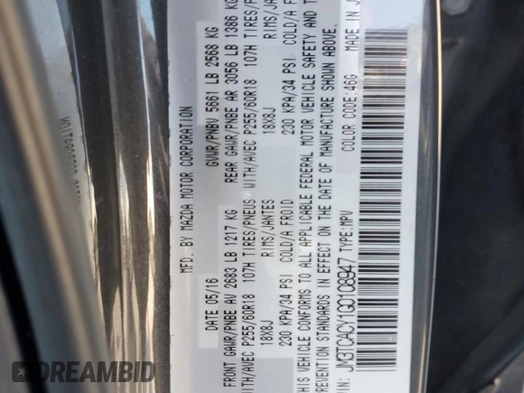 2016 Mazda CX-9 Touring with VIN JM3TCACY1G0108947, listed as a Copart auction lot 58562225 with 86,014 mi miles and Salvage title. Bid and sale history available at DreamBid. Image 13.