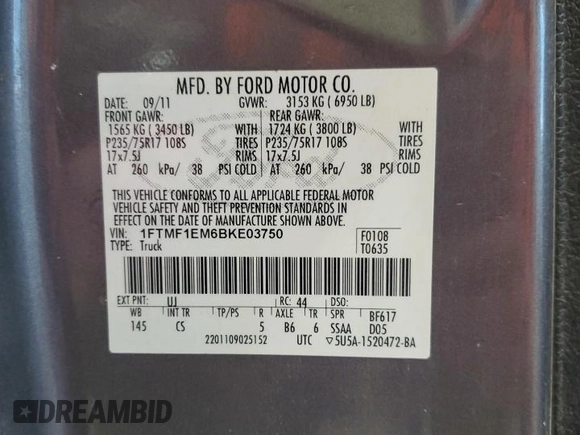 2011 Ford F-150 XL с VIN 1FTMF1EM6BKE03750, выставлен на аукционе Copart как лот 60370405 с пробегом 107 036 миль миль и Чистый • Clean title. История ставок и продаж доступна на DreamBid. Изображение 12.