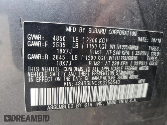 2019 Subaru Outback Limited with VIN 4S4BSENC3K3250543, listed as a Copart auction lot 62011355 with 67,760 mi miles and Salvage title. Bid and sale history available at DreamBid. Image 14.