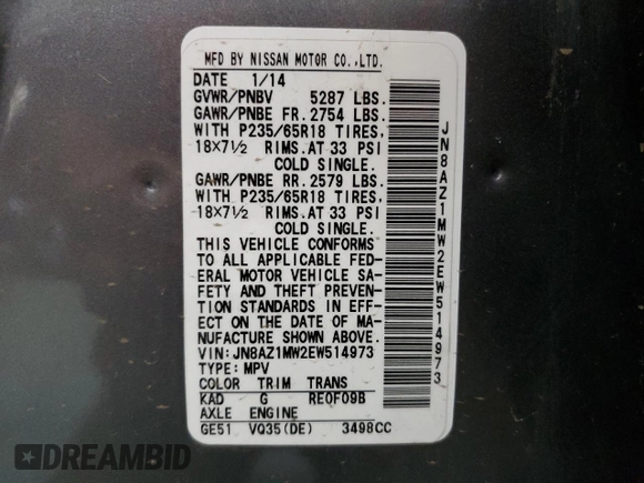 2014 Nissan Murano LE with VIN JN8AZ1MW2EW514973, listed as a Copart auction lot 75206864 with 155,765 mi miles and Clean Title. Bid and sale history available at carsss.com. Image 13.