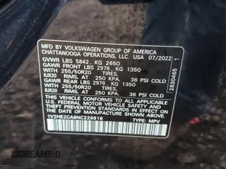 2022 Volkswagen Atlas SE with VIN 1V2HE2CA8NC229616, listed as a Copart auction lot 84722384 with 26,570 mi miles and Salvage title. Bid and sale history available at DreamBid. Image 14.