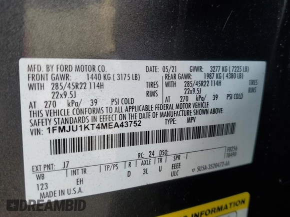 2021 Ford Expedition Limited with VIN 1FMJU1KT4MEA43752, listed as a Copart auction lot 42926305 with 61,443 mi miles and Salvage title. Bid and sale history available at DreamBid. Image 14.