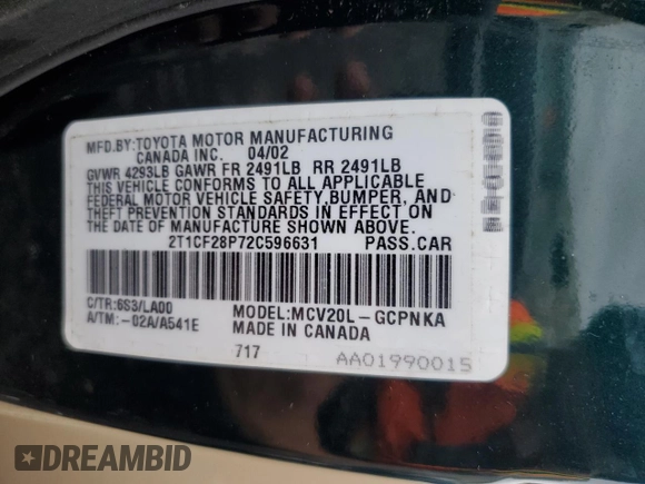 2002 Toyota Solara SE with VIN 2T1CF28P72C596631, listed as a Copart auction lot 66685114 with Not Provided miles and Salvage Title. Bid and sale history available at DreamBid. Image 12.
