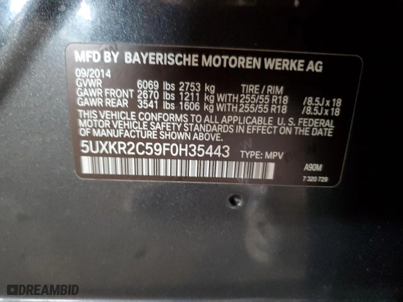 2015 BMW X5 sDrive35i with VIN 5UXKR2C59F0H35443, listed as a Copart auction lot 47558305 with 0 mi miles and Clean Title. Bid and sale history available at carsss.com. Image 12.
