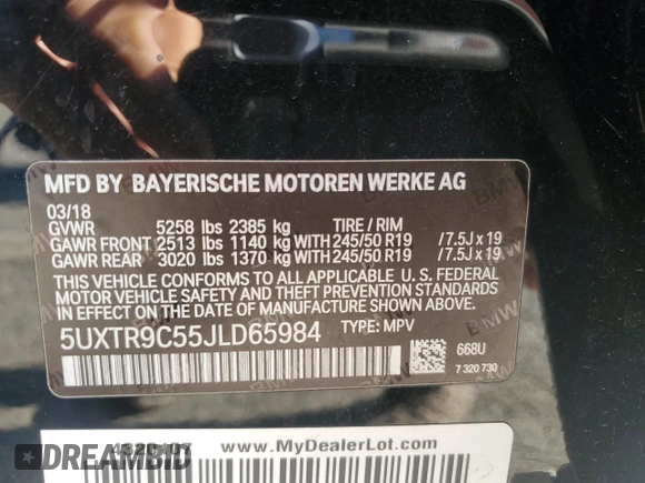 2018 BMW X3 xDrive30i with VIN 5UXTR9C55JLD65984, listed as a Copart auction lot 54907385 with 102,282 mi miles and Salvage Title. Bid and sale history available at DreamBid. Image 13.