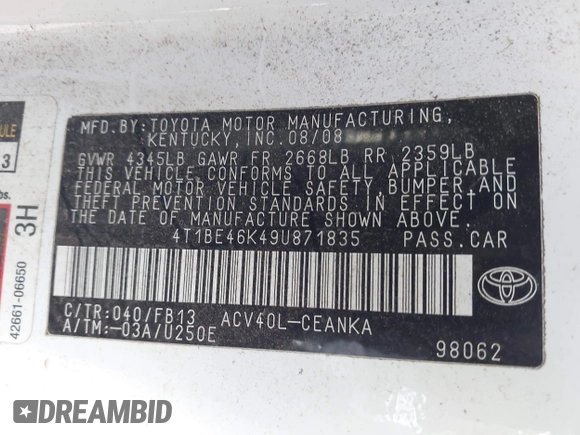 2009 Toyota Camry with VIN 4T1BE46K49U871835, listed as a IAAI auction lot 41584903 with 199,670 mi miles and . Bid and sale history available at DreamBid. Image 9.