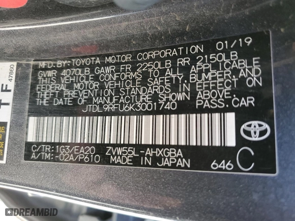 2019 Toyota Prius LE with VIN JTDL9RFU6K3001740, listed as a Copart auction lot 47926063 with 86,075 mi miles. Bid and sale history available at carsss.com. Image 12.
