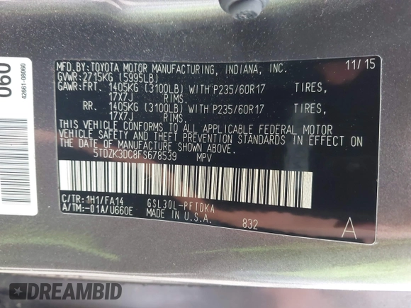 2015 Toyota Sienna L with VIN 5TDZK3DC8FS678539, listed as a IAAI auction lot 42115498 with 111,417 mi miles and . Bid and sale history available at DreamBid. Image 9.