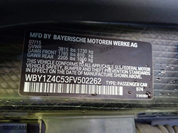 2015 BMW i3 with VIN WBY1Z4C53FV502262, listed as a IAAI auction lot 41746285 with 74,157 mi miles. Bid and sale history available at carsss.com. Image 9.