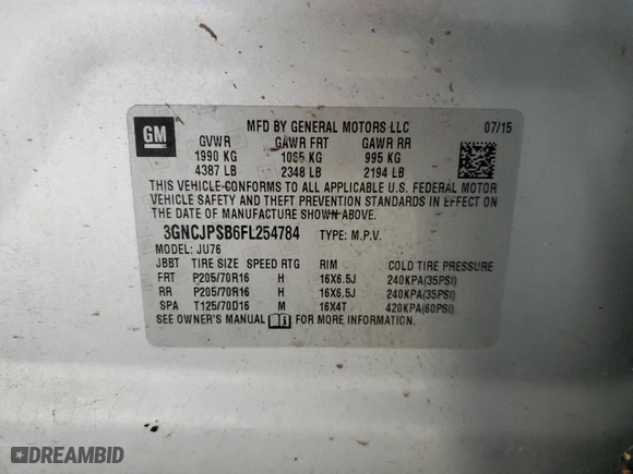 2015 Chevrolet Trax LS with VIN 3GNCJPSB6FL254784, listed as a Copart auction lot 45335835 with 62,685 mi miles and Salvage Title. Bid and sale history available at carsss.com. Image 12.