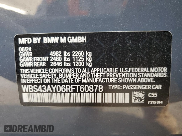 2024 BMW M3 Competition xDrive z VIN WBS43AY06RFT60878, wystawiony jako Copart lot #59680505 z przebiegiem 6 551 mil mil oraz Szkoda całkowita • Salvage title. Historia ofert i sprzedaży dostępna na DreamBid. Obrazek 12.