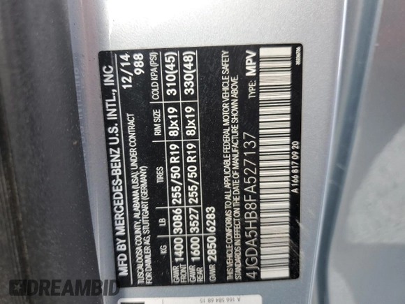 2015 Mercedes-Benz M ML 350 with VIN 4JGDA5HB8FA527137, listed as a Copart auction lot 50331045 with Not Provided miles and Salvage Title. Bid and sale history available at carsss.com. Image 16.