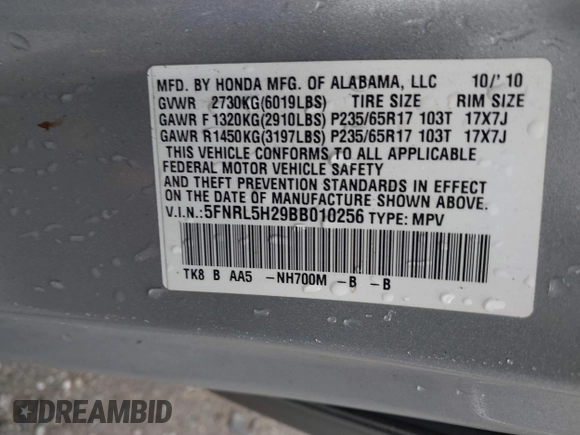 2011 Honda Odyssey LX with VIN 5FNRL5H29BB010256, listed as a IAAI auction lot 40931367 with Not provided miles and . Bid and sale history available at DreamBid. Image 9.