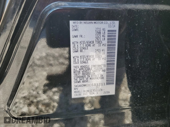 2014 Nissan Pathfinder S with VIN 5N1AR2MM1EC681211, listed as a Copart auction lot 61822735 with 127,275 mi miles and Salvage title. Bid and sale history available at DreamBid. Image 12.