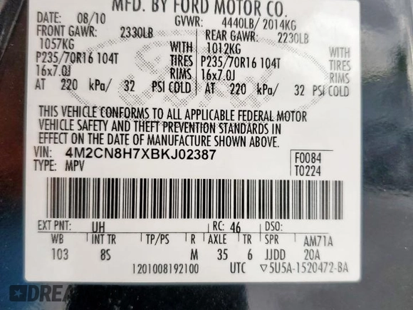 2011 Mercury Mariner Premier с VIN 4M2CN8H7XBKJ02387, выставлен на аукционе Copart как лот 58863855 с пробегом 188 064 миль миль и Списание • Salvage title. История ставок и продаж доступна на DreamBid. Изображение 13.