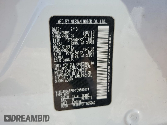 2013 Infiniti QX56 with VIN JN8AZ2NF7D9550174, listed as a Copart auction lot 79905424 with 206,101 mi miles and Salvage Title. Bid and sale history available at carsss.com. Image 13.