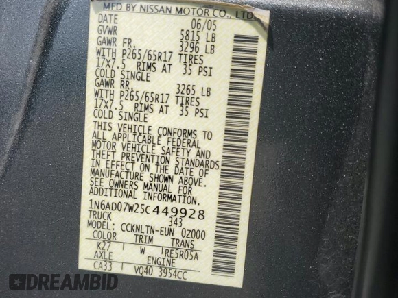 2005 Nissan Frontier LE with VIN 1N6AD07W25C449928, listed as a Copart auction lot 62142935 with 91,924 mi miles and Clean title. Bid and sale history available at DreamBid. Image 12.