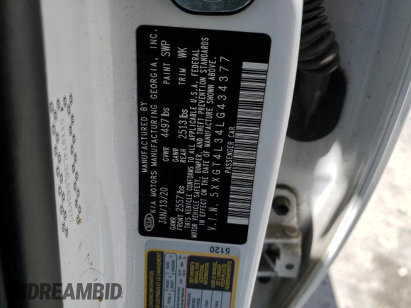 2020 Kia Optima LX z VIN 5XXGT4L34LG434377, wystawiony jako Copart lot #54706305 z przebiegiem 43 513 mil mil oraz Szkoda całkowita • Salvage title. Historia ofert i sprzedaży dostępna na DreamBid. Obrazek 12.