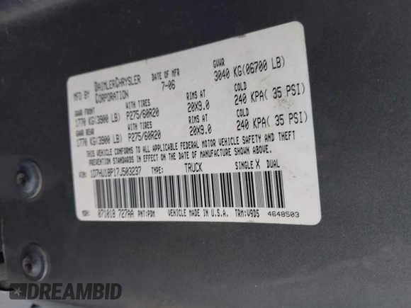 2007 Dodge 1500 ST with VIN 1D7HU18P17J503237, listed as a IAAI auction lot 41444641 with 241,851 mi miles and . Bid and sale history available at DreamBid. Image 9.