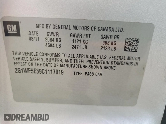 2012 Chevrolet Impala LS Fleet with VIN 2G1WF5E39C1117019, listed as a Copart auction lot 62472985 with 221,118 mi miles and Salvage title. Bid and sale history available at DreamBid. Image 12.