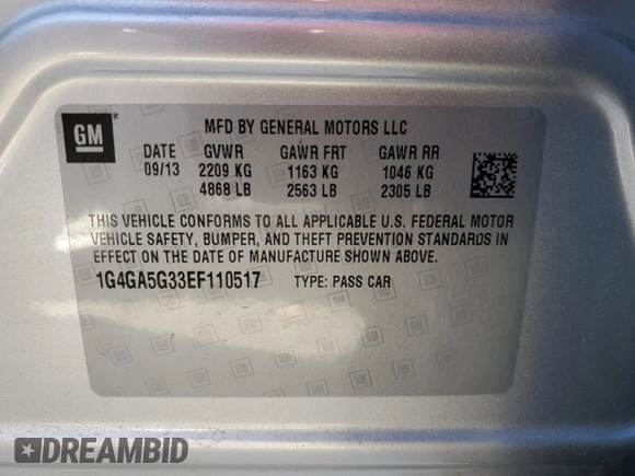 2014 Buick LaCrosse with VIN 1G4GA5G33EF110517, listed as a Copart auction lot 85330474 with 137,297 mi miles and Salvage title. Bid and sale history available at DreamBid. Image 13.