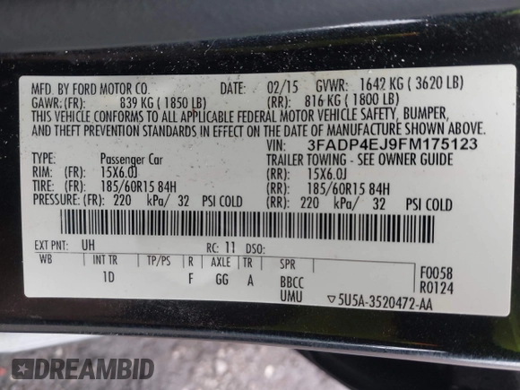 2015 Ford Fiesta SE with VIN 3FADP4EJ9FM175123, listed as a IAAI auction lot 41948452 with 130,801 mi miles. Bid and sale history available at carsss.com. Image 9.