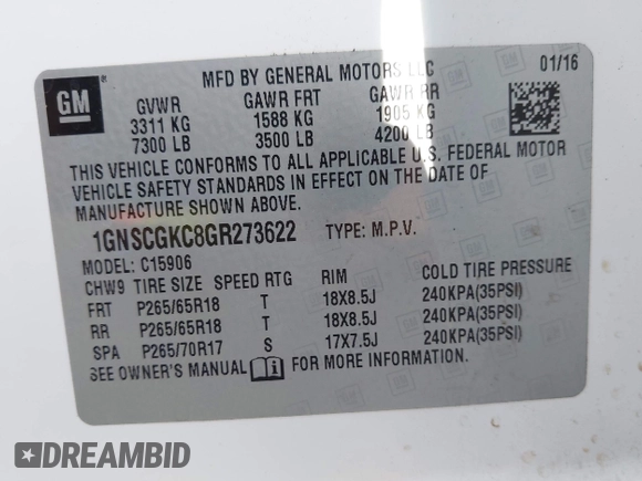 2016 Chevrolet Suburban LS with VIN 1GNSCGKC8GR273622, listed as a IAAI auction lot 42262063 with 140,254 mi miles and . Bid and sale history available at DreamBid. Image 9.