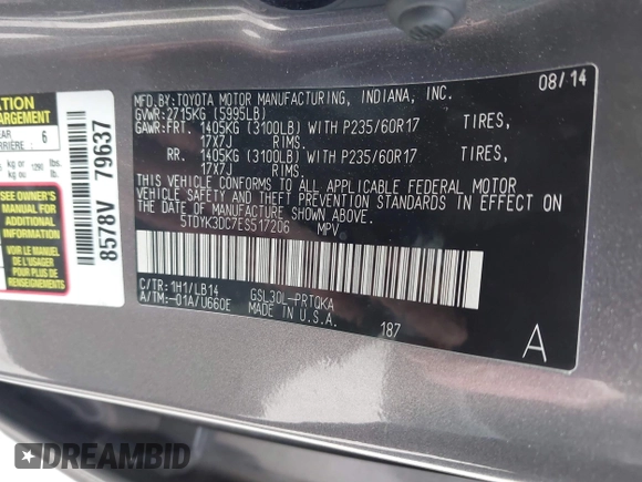 2014 Toyota Sienna XLE with VIN 5TDYK3DC7ES517206, listed as a IAAI auction lot 41945572 with 128,743 mi miles and . Bid and sale history available at DreamBid. Image 9.
