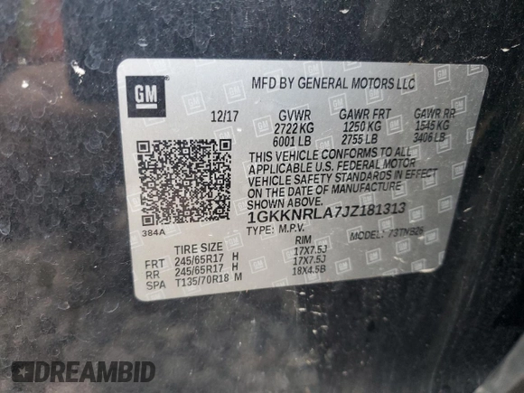 2018 GMC Acadia SLE with VIN 1GKKNRLA7JZ181313, listed as a Copart auction lot 79392514 with 87,353 mi miles and Salvage title. Bid and sale history available at DreamBid. Image 13.