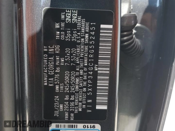 2024 Kia Telluride EX with VIN 5XYP34GC1RG552451, listed as a Copart auction lot 56739845 with 9,103 mi miles and Salvage title. Bid and sale history available at DreamBid. Image 14.