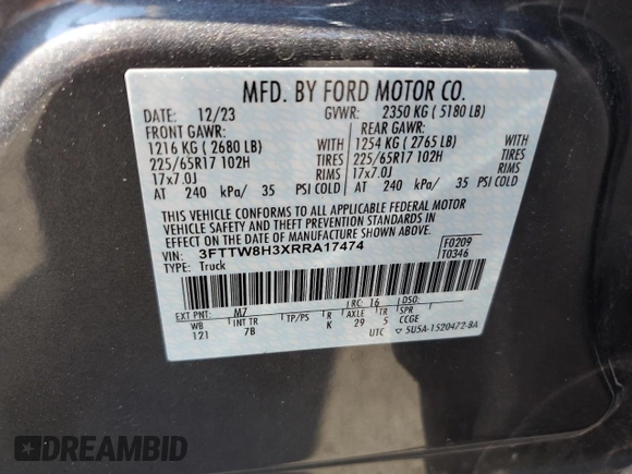 2024 Ford Maverick XLT with VIN 3FTTW8H3XRRA17474, listed as a Copart auction lot 62647445 with 15,390 mi miles and Salvage title. Bid and sale history available at DreamBid. Image 12.