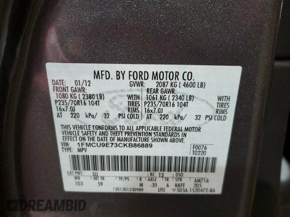 2012 Ford Escape Limited with VIN 1FMCU9E73CKB86889, listed as a Copart auction lot 48757925 with 99,426 mi miles and Salvage Title. Bid and sale history available at carsss.com. Image 13.