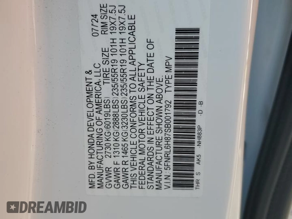 2025 Honda Odyssey Touring with VIN 5FNRL6H87SB001792, listed as a Copart auction lot 51049255 with Not provided miles and Salvage title. Bid and sale history available at DreamBid. Image 13.