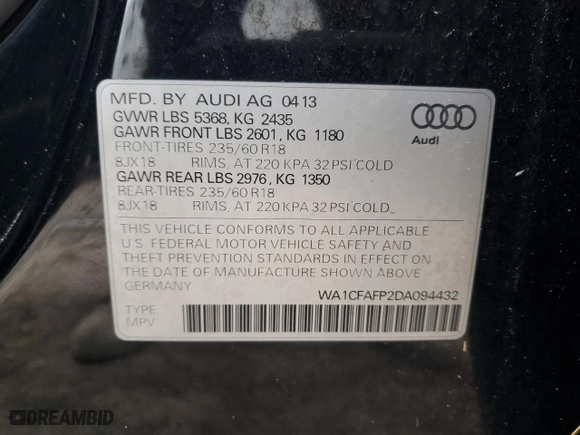 2013 Audi Q5 Premium with VIN WA1CFAFP2DA094432, listed as a Copart auction lot 41794495 with 0 mi miles and Salvage Title. Bid and sale history available at carsss.com. Image 14.