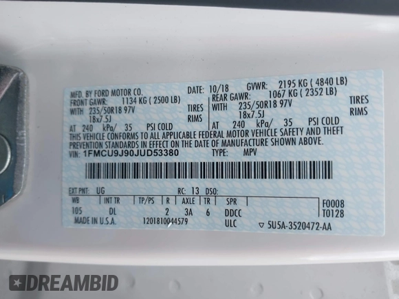 2018 Ford Escape Titanium with VIN 1FMCU9J90JUD53380, listed as a IAAI auction lot 42042802 with 30,371 mi miles and . Bid and sale history available at DreamBid. Image 9.