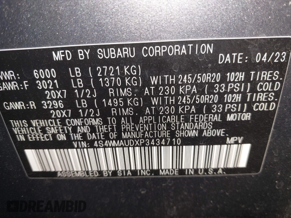 2023 Subaru Ascent Limited with VIN 4S4WMAUDXP3434710, listed as a IAAI auction lot 42052204 with 33,014 mi miles and . Bid and sale history available at DreamBid. Image 9.