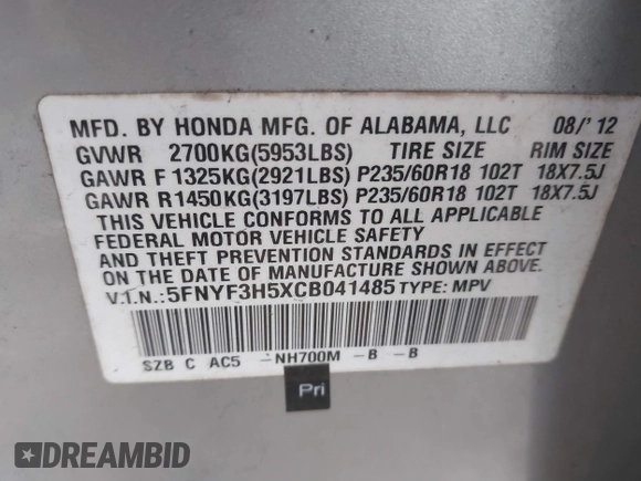 2012 Honda Pilot EX-L with VIN 5FNYF3H5XCB041485, listed as a IAAI auction lot 41796722 with 162,091 mi miles. Bid and sale history available at carsss.com. Image 9.