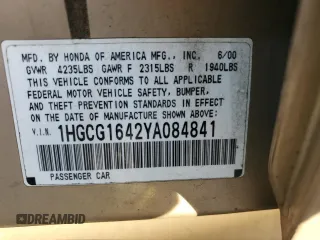 2000 Honda Accord LX z VIN 1HGCG1642YA084841, wystawiony jako Copart lot #72237974 z przebiegiem Nie podano mil oraz Szkoda całkowita • Salvage title. Historia ofert i sprzedaży dostępna na DreamBid. Obrazek 10.