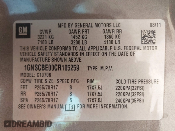 2012 Chevrolet Tahoe LT with VIN 1GNSCBE00CR105259, listed as a IAAI auction lot 42190925 with Not provided miles and . Bid and sale history available at DreamBid. Image 9.