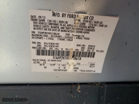 2014 Ford Taurus SHO with VIN 1FAHP2KT4EG128618, listed as a Copart auction lot 75260324 with 0 mi miles and Salvage Title. Bid and sale history available at carsss.com. Image 14.