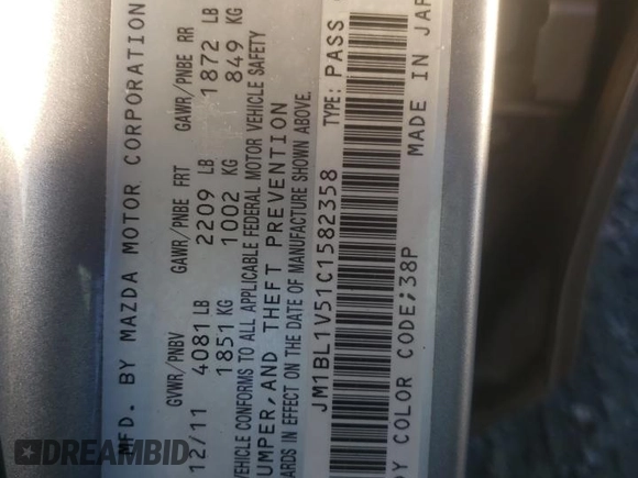 2012 Mazda 3 s Touring with VIN JM1BL1V51C1582358, listed as a Copart auction lot 42123485 with 158,479 mi miles and Salvage Title. Bid and sale history available at carsss.com. Image 12.