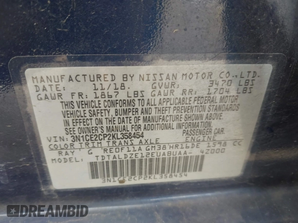 2019 Nissan Note SV with VIN 3N1CE2CP2KL358454, listed as a IAAI auction lot 42357095 with 87,672 mi miles and . Bid and sale history available at DreamBid. Image 9.