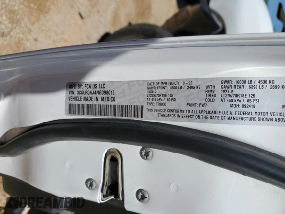 2022 Ram 2500 Tradesman с VIN 3C6UR5HJ4NG398616, выставлен на аукционе Copart как лот 52015535 с пробегом 61 189 миль миль и Списание • Salvage title. История ставок и продаж доступна на DreamBid. Изображение 12.