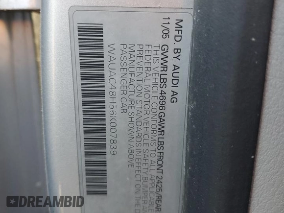 2006 Audi A4 1.8T с VIN WAUAC48H56K007839, выставлен на аукционе Copart как лот 46491875 с пробегом 120 838 миль миль и Списание • Salvage title. История ставок и продаж доступна на DreamBid. Изображение 12.