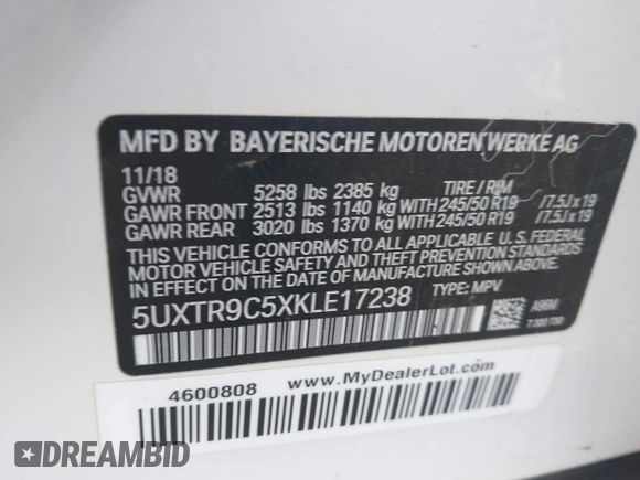 2019 BMW X3 xDrive30i with VIN 5UXTR9C5XKLE17238, listed as a IAAI auction lot 42030258 with 48,192 mi miles. Bid and sale history available at carsss.com. Image 9.