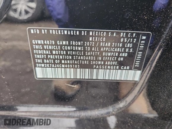 2012 Volkswagen Jetta S z VIN 3VW2K7AJ4CM409183, wystawiony jako Copart lot #63985765 z przebiegiem 160 645 mil mil oraz Szkoda całkowita • Salvage title. Historia ofert i sprzedaży dostępna na DreamBid. Obrazek 13.